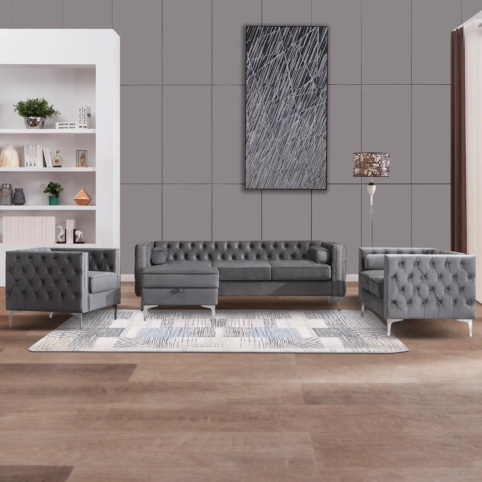 HORGgland O-Ensembles de meubles de salon, canapé sectionnel convertible avec rangement