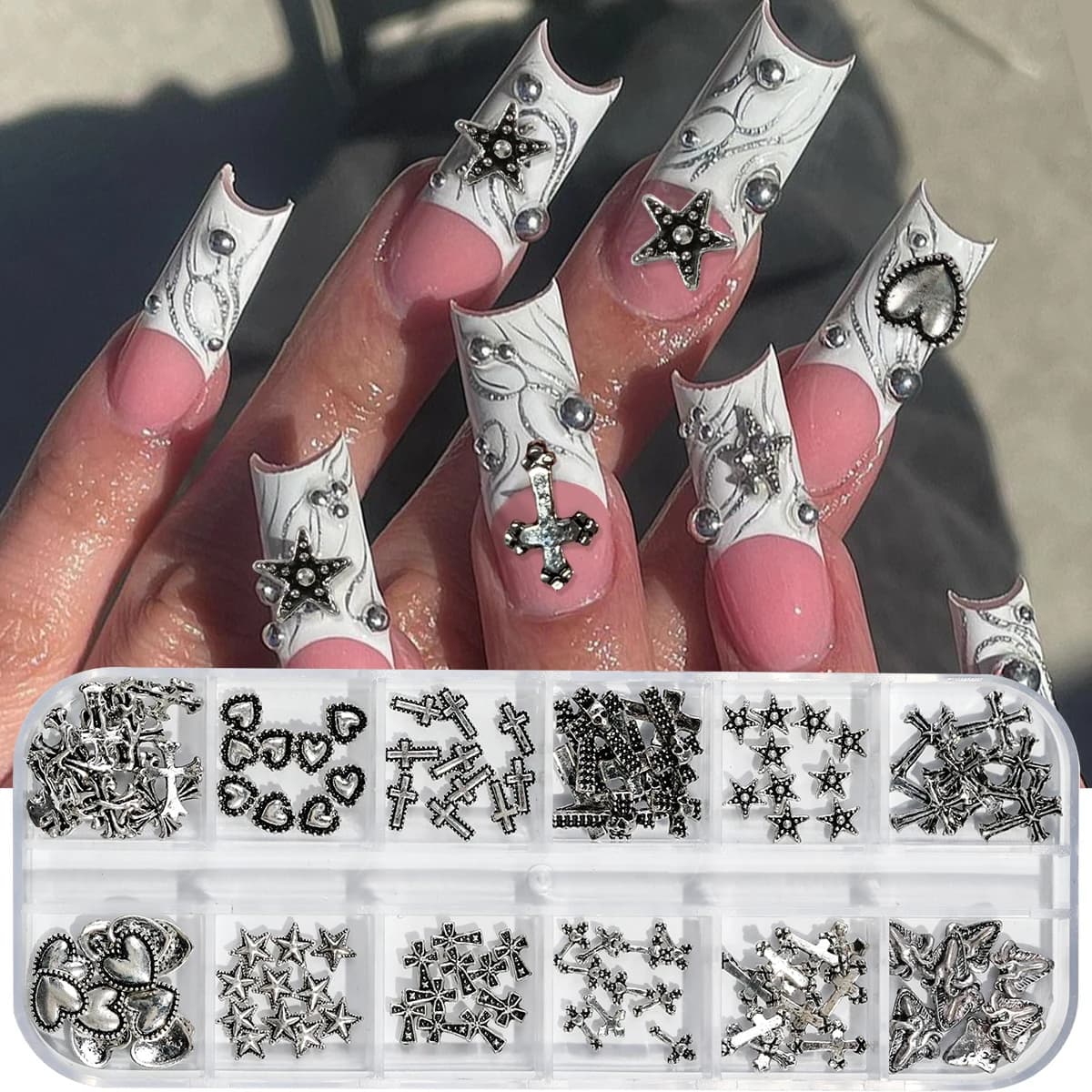 Boîte de 12 grilles Vintage en forme de croix en alliage de Zinc, bijoux pour ongles, fournitures en