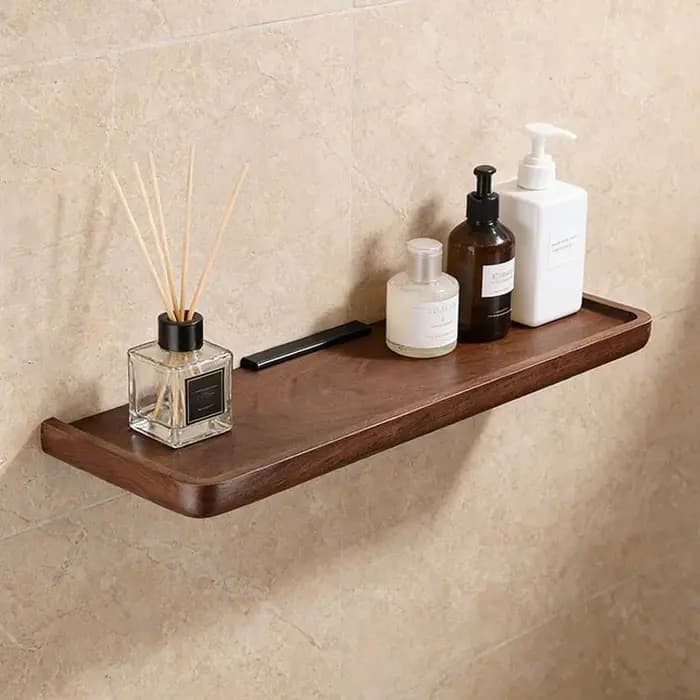 Étagère d'angle murale en bois de noyer noir pour salle de bain - Organisateur de rangement