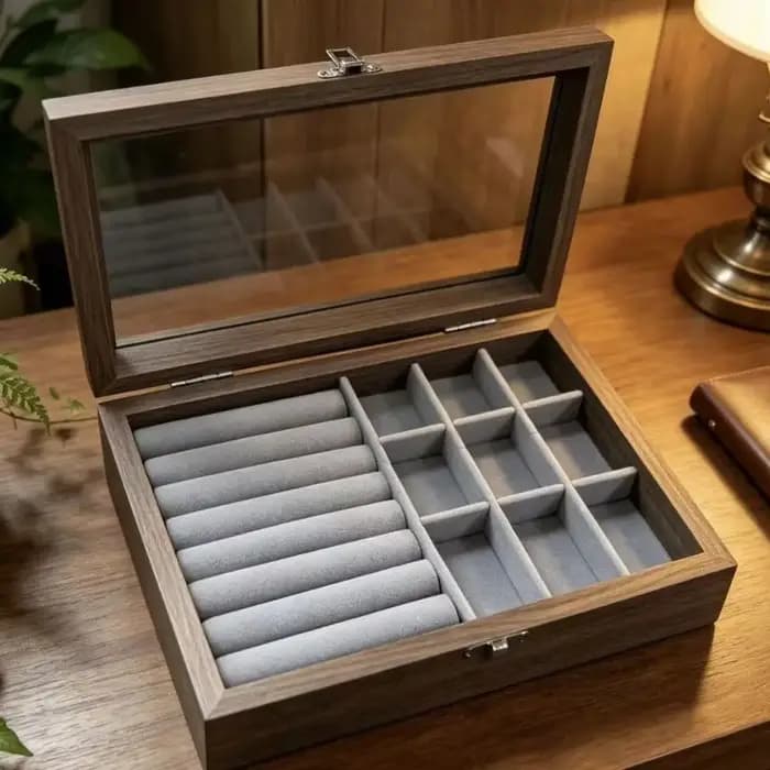 Boîte de rangement pour bijoux avec couvercle en verre, grain de noyer, transparente, boîte à bijoux haut de gamme, anti-poussière et anti-oxydation