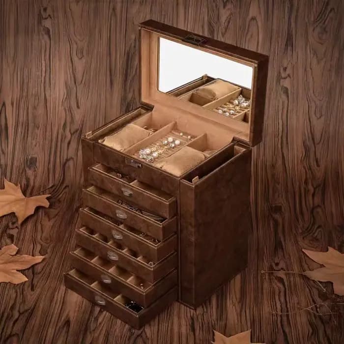 Grande boîte à bijoux en cuir avec miroir