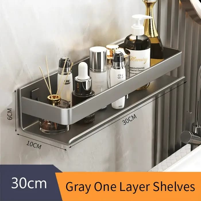 Étagère d'angle murale grise en métal pour cuisine, salle de bain et douche, avec fixation par vis,