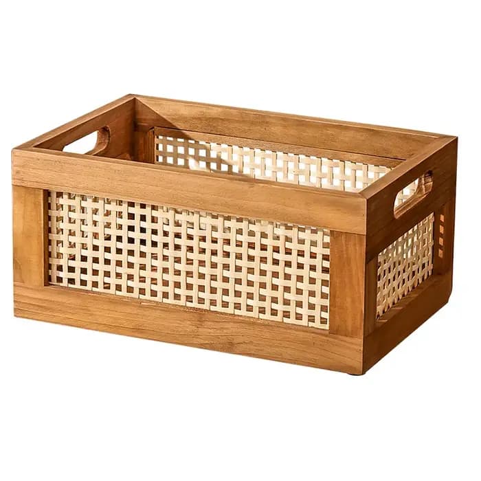 Boîte de rangement en bois massif pour cuisine, panier rétro en rotin, organisateur de livres, de co