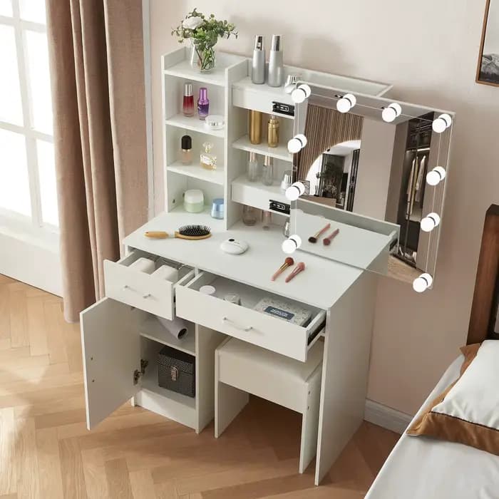 Ensemble de vanité de maquillage avec miroir et lumières, commode, armoire de rangement, 3 modes d'é