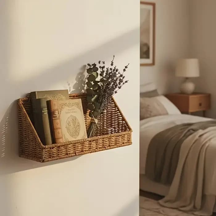Paniers de rangement muraux en rotin tressé | Étagères suspendues adhésives pour l'organisation de la salle de bain/de