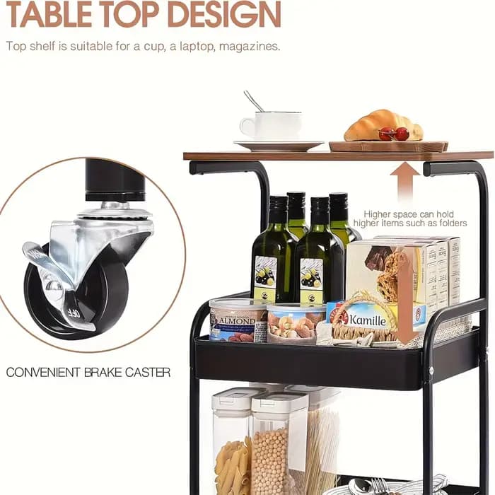 Étagère de rangement mobile à 3 niveaux avec plateau en bois massif