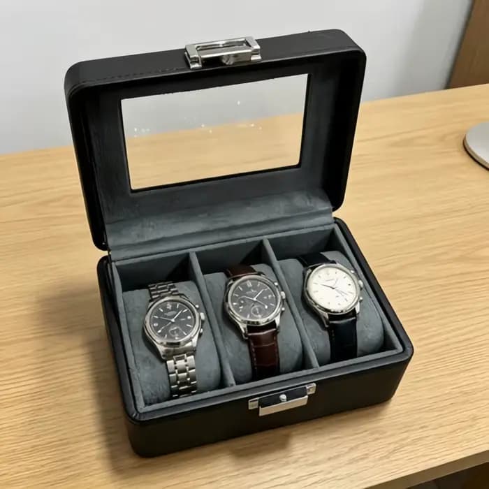 Boîte à montres de luxe en cuir à 3 emplacements avec serrure