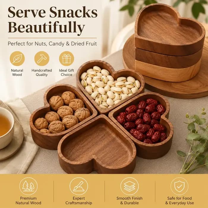 Ensemble de plateaux à collation en bois en forme de cœur QA