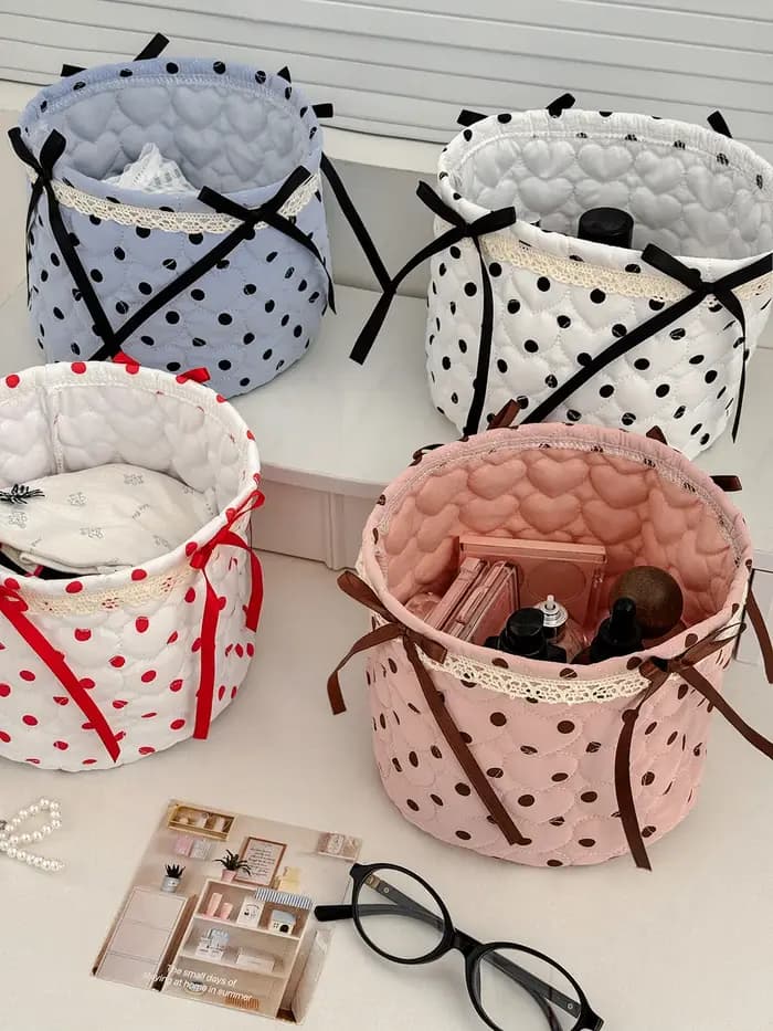Nouvelle boîte de rangement de bureau YT à pois avec nœud