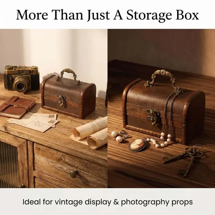 Boîte de rangement en bois vintage avec poignée sculptée