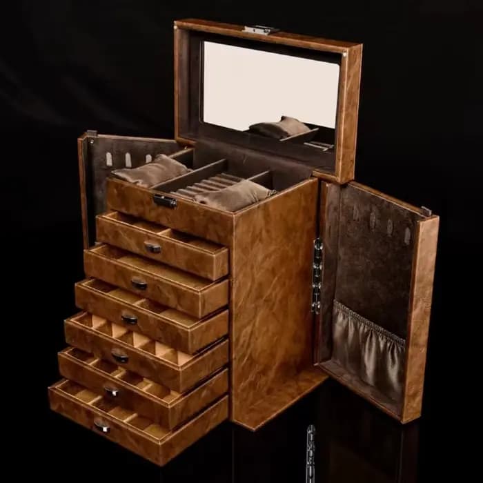 Grande boîte à bijoux en cuir avec miroir