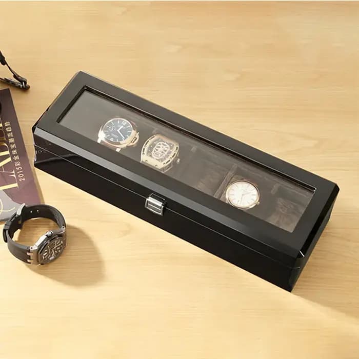 Boîtes à montres noires à 6 emplacements en bois pour hommes