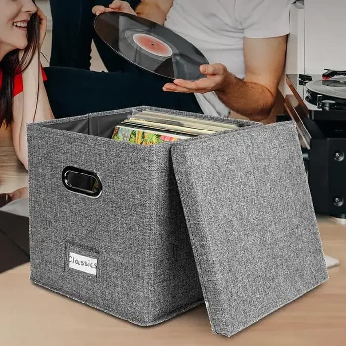 Boîte de rangement pour disques en vinyle avec couvercle
