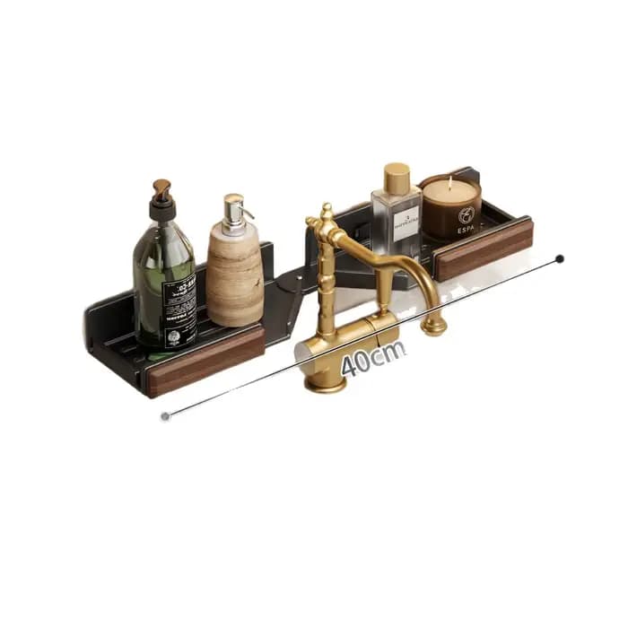 Étagère de salle de bain pliable en noyer – Sans perçage – Support mural de rangement pour meuble-lavabo