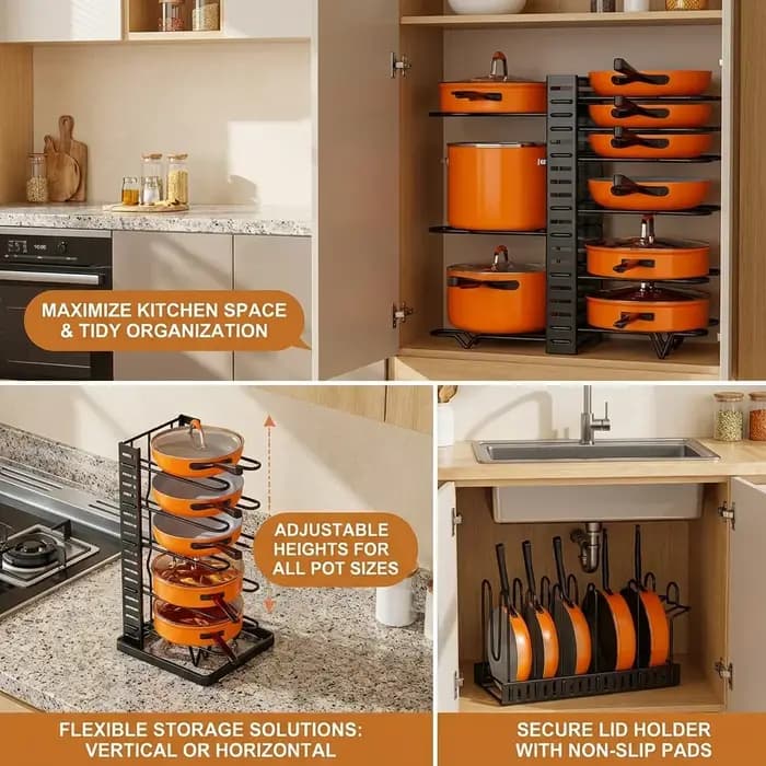 Organisateur de casseroles à 8 niveaux pour gagner de la place - Support en métal durable