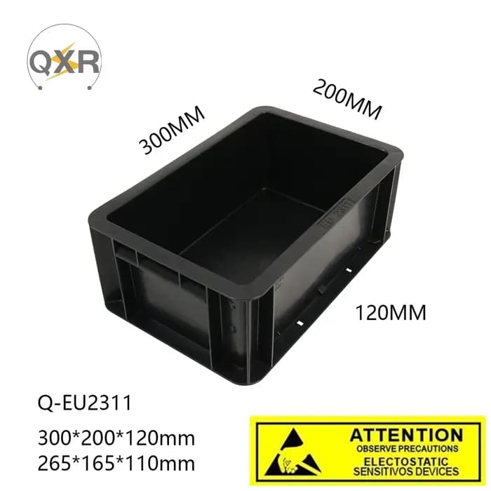 Q-EU2311 Boîte ESD 300*200*120mm Les boîtes de retournement conducteures noires sont empilables et transportables