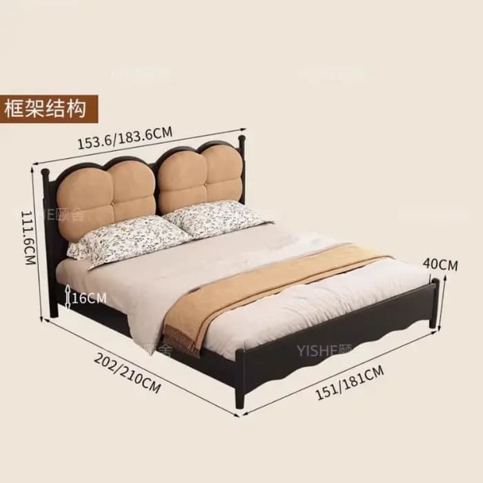 Lit en bois massif 150x200cm pour 2 personnes, avec tête de lit design, style nordique, avec rangement, lit double Queen Size, mobilier de chambre à coucher pour mariage