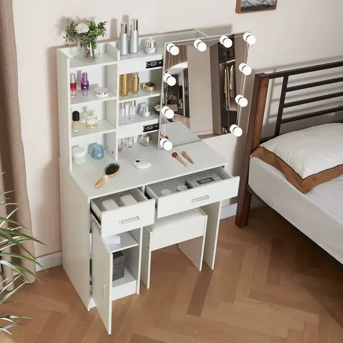 Ensemble de vanité de maquillage avec miroir et lumières, commode, armoire de rangement, 3 modes d'é
