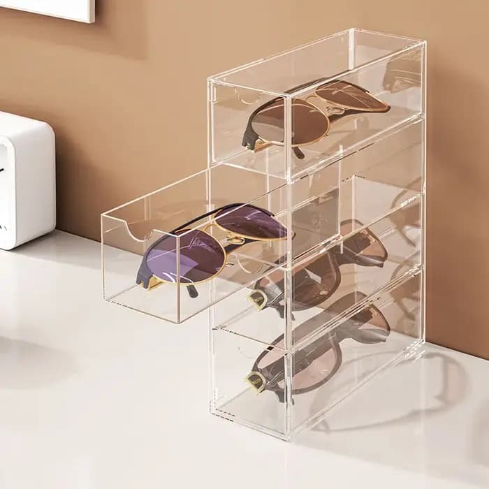 Boîte de rangement pour lunettes en acrylique - Design transparent à quatre niveaux - pour bureau, chambre à coucher, salle de bain - Support organisateur pour lunettes de soleil