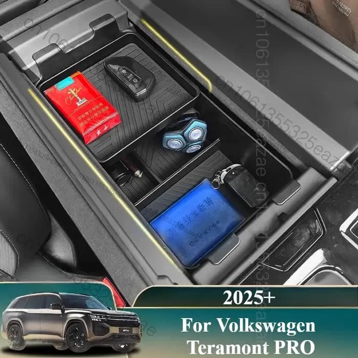 Pour organisateur de console centrale Volkswagen Teramont PRO 2025 – Boîte de rangement double couche pour accoudoir (ajustement personnalisé)