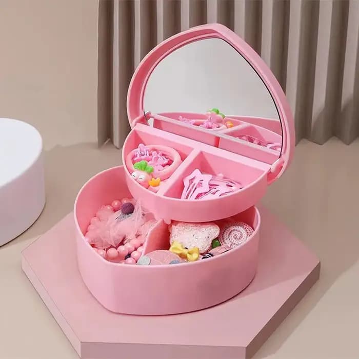 Boîte de rangement pour bijoux en forme de cœur pour filles avec miroir, en plastique rose et blanc, organisateur de bracelets et bandeaux, présentoir de bijoux pour tiroir ou bureau de fille