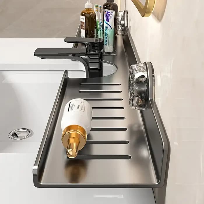 Étagère de salle de bain murale sans perçage avec miroir à ventouse pour lavabo et robinet