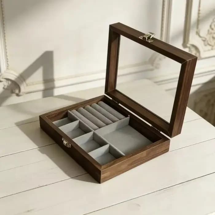 Boîte de rangement pour bijoux avec couvercle en verre, grain de noyer, transparente, boîte à bijoux haut de gamme, anti-poussière et anti-oxydation