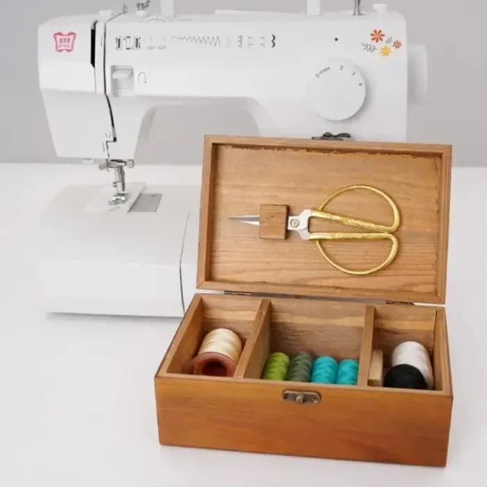 Boîte à couture en bois avec couvercle, organisateur artisanal multi-compartiments, rangement à domicile pour aiguilles, fils, ciseaux – Kit de couture vintage