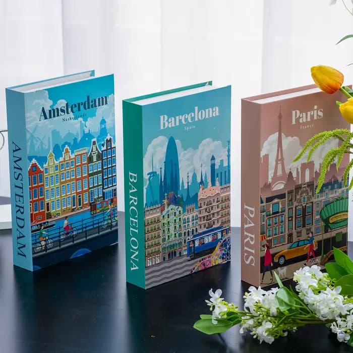 Boîte de rangement décorative en forme de faux livre de luxe Paris New York Londres