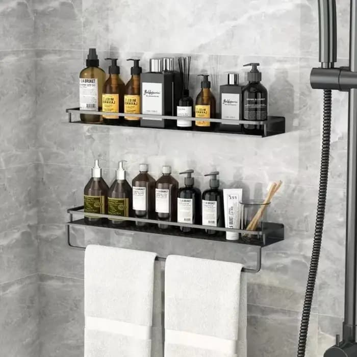 Étagère murale carrée en aluminium noir pour salle de bain