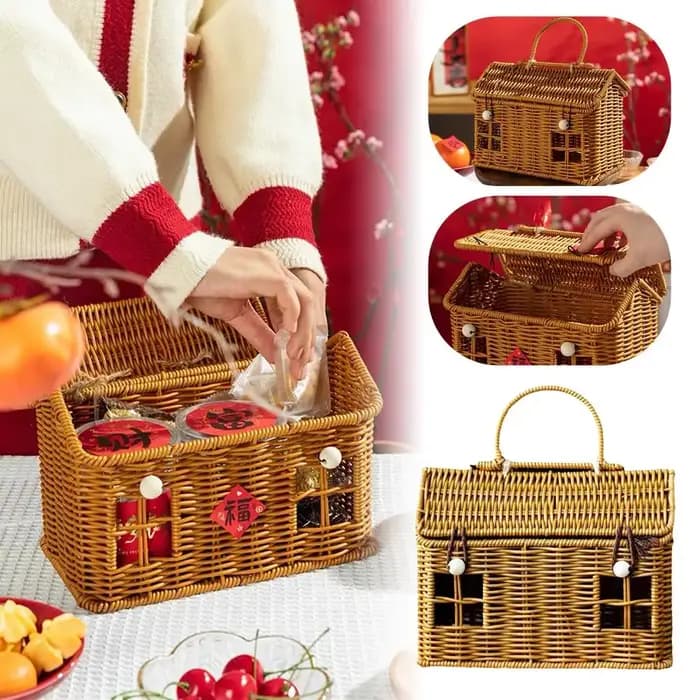 Panier en forme de maison en rotin avec couvercle