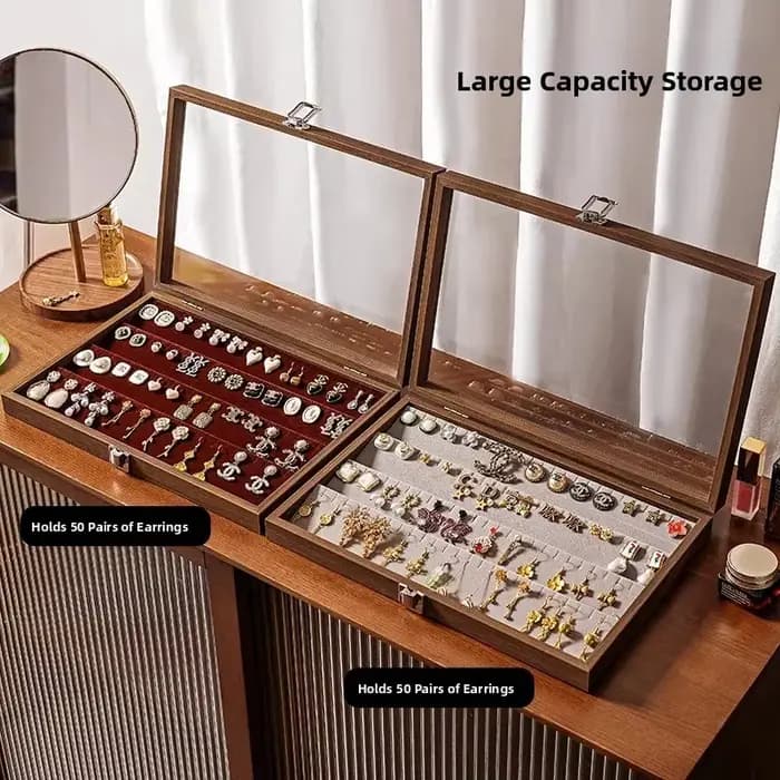 Boîte de rangement à bijoux grande capacité motif noyer avec couvercle en verre transparent pour boucles d'oreilles