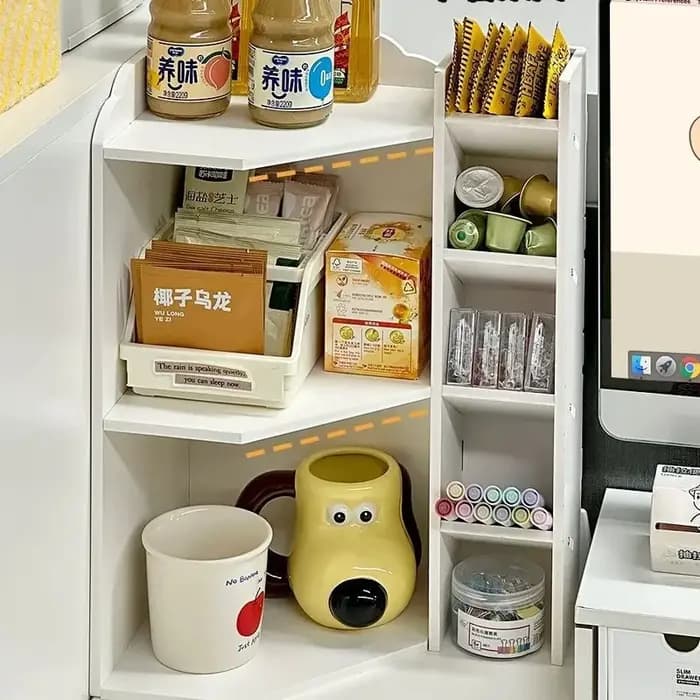 Support de rangement d'angle pour bureau, porte-gobelet, organisateur multi-niveaux, gain de place pour le bureau, rangement de papeterie et de collations pour femmes