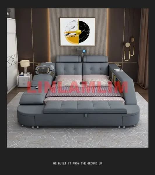 Lit intelligent de luxe rembourré avec étagères