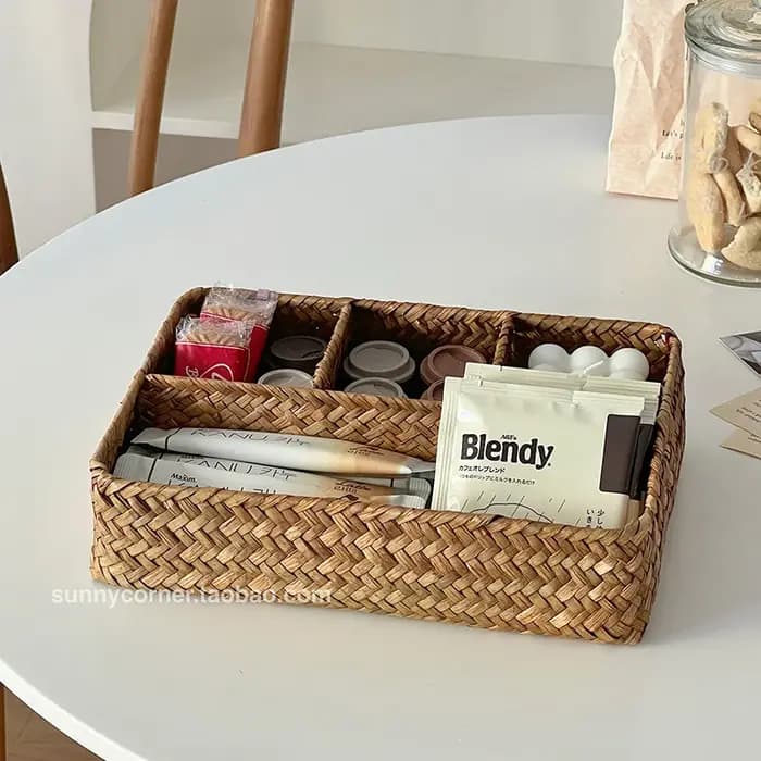 Boîte de rangement de cosmétiques en herbe tissée de Style japonais