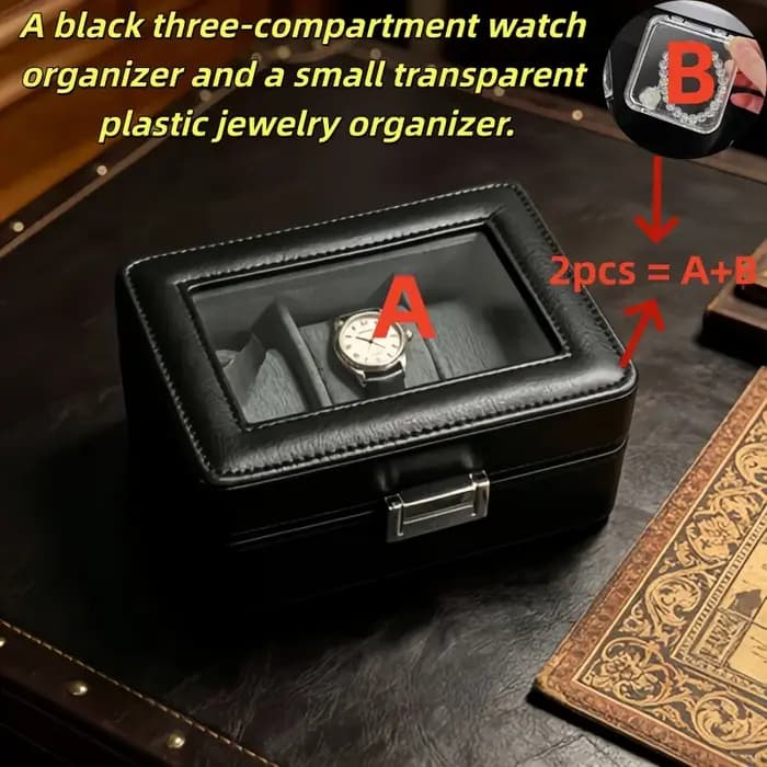 Boîte à montres de luxe en cuir à 3 emplacements avec serrure, ensemble de 2 présentoirs à montres h