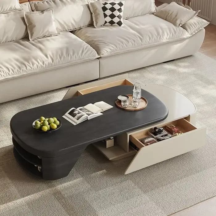 Table basse escamotable 130-170 cm avec rangement intégré