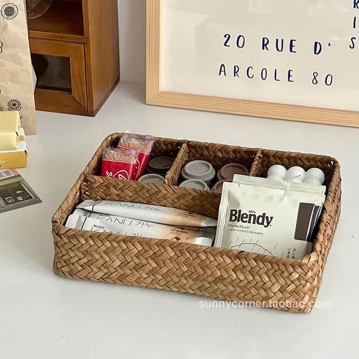Boîte de rangement de cosmétiques en herbe tissée de Style japonais