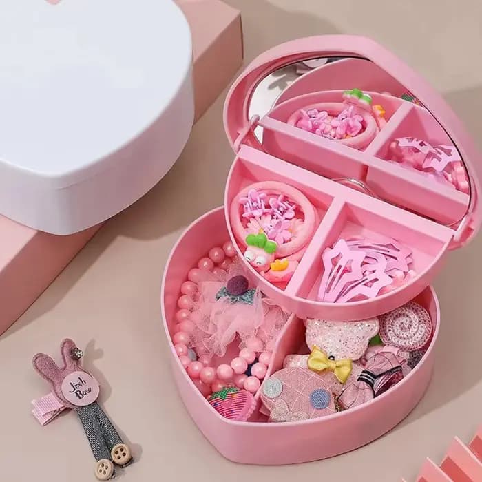 Boîte de rangement pour bijoux en forme de cœur pour filles avec miroir, en plastique rose et blanc, organisateur de bracelets et de bandeaux pour cheveux, présentoir de bijoux pour filles à poser sur
