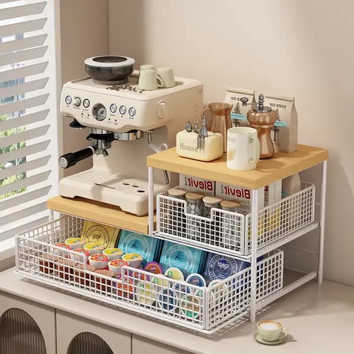 Organisateur de comptoir de cuisine peu encombrant avec tiroir et panier en fil métallique - Étagère robuste en bois dur pour machine à café.
