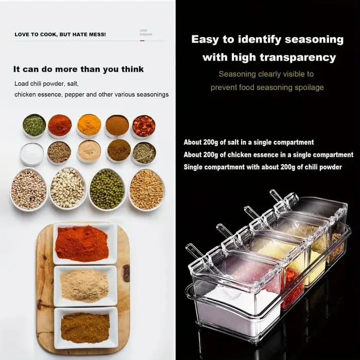 Boîte d'assaisonnement transparente de cuisine à 4 grilles