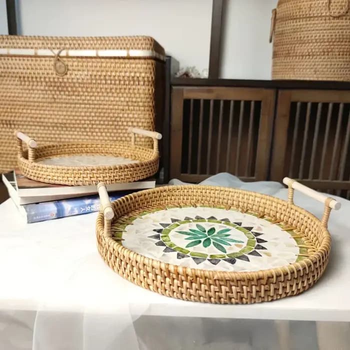 Plateau de rangement rond en rotin créatif, coquille naturelle, panier en rotin avec poignée, décoration, rangement de bijoux, organisateur de salon