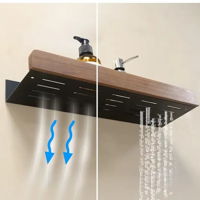 Étagère d'angle noire en aluminium et bois pour salle de bain