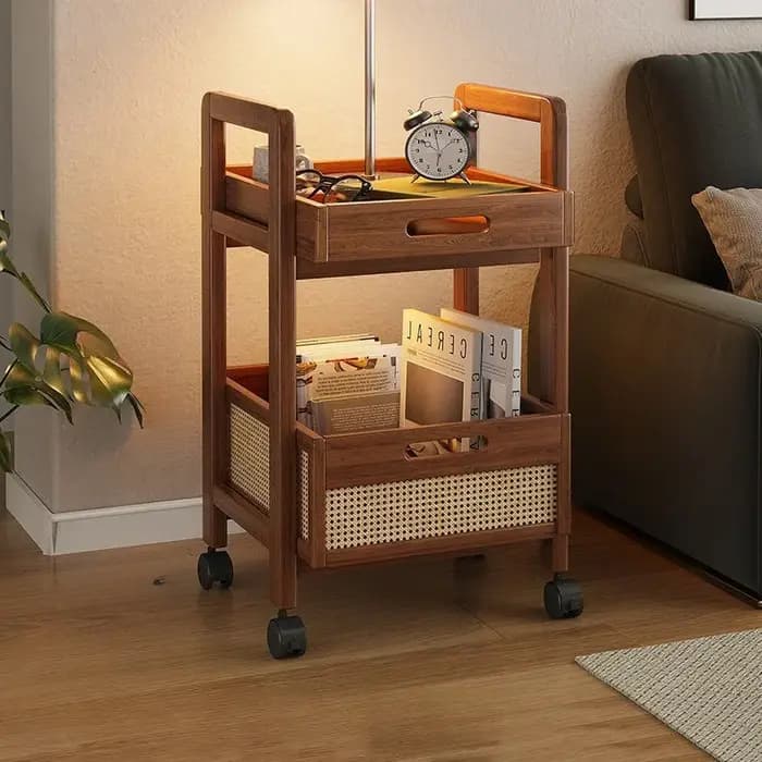 Chariot de rangement en rotin – Table d'appoint mobile avec paniers tissés