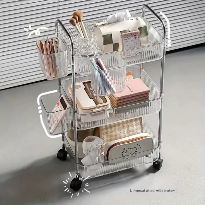 Chariot de rangement transparent à 3 niveaux avec roulettes