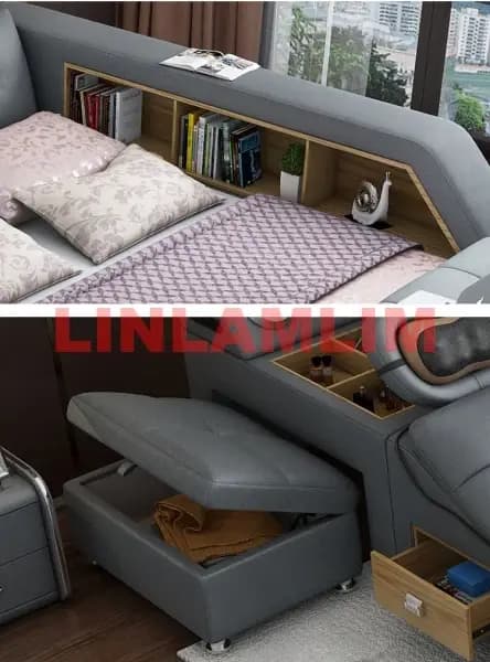 Lit intelligent de luxe rembourré avec étagères