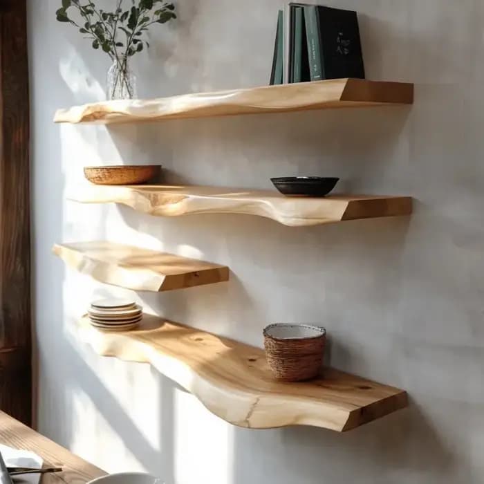 Étagères flottantes en bois, fabriquées à la main avec une bordure naturelle authentique, pour la décoration murale, étagères en bois pour salle de bain, cuisine, chambre à coucher