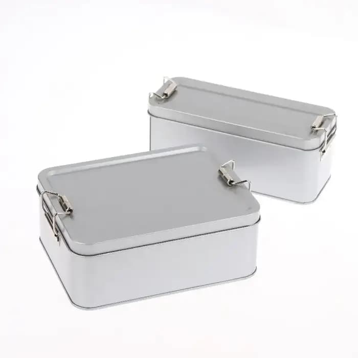 Boîte en fer blanc rectangulaire avec boucle argentée et couvercle