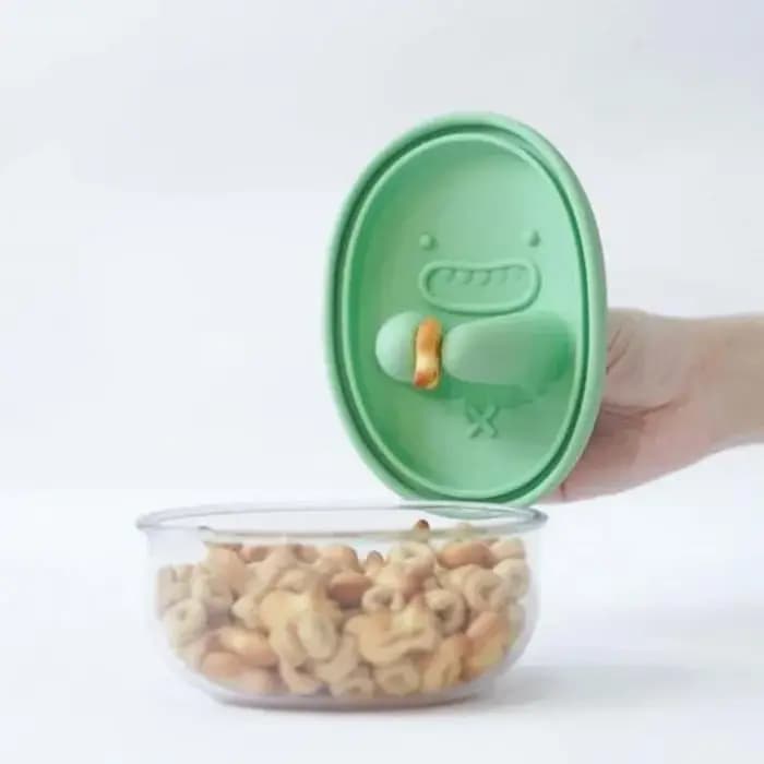Boîte à collation mains libres, sans miettes, boîte de rangement pour collations, boîte à biscuits de dessin animé, boîte hermétique en silicone de qualité alimentaire résistante à l'humidité