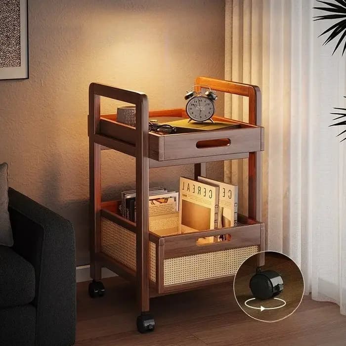 Chariot de rangement en rotin – Table d'appoint mobile avec paniers tissés